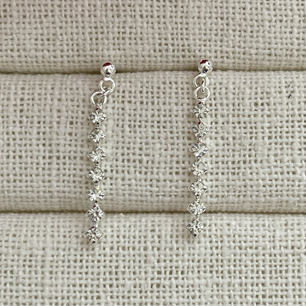 Sterling Silver 925 long rhinestone earrings minimalist prom wedding bridal - Picture 3 of 10